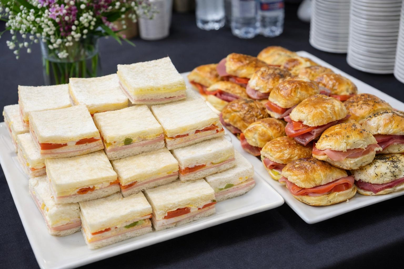 Sándwiches de miga triples y chips rellenos servidos en bandejas sobre una mesa de catering.