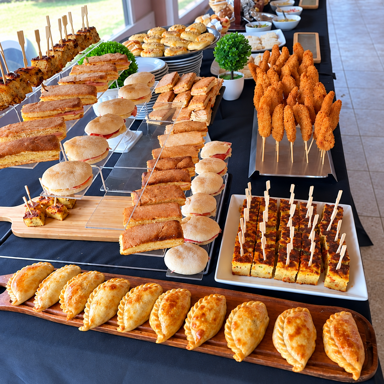 Mesa de lunch con empanadas, sándwiches y bocados para compartir.